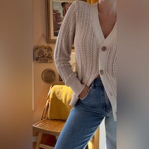 Vintage Coastal Granny Open-Knit Cardigan Sweater – Cottagecore, Oatmeal Neutral